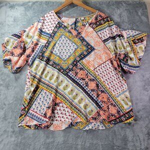 EST. 1946 Womens L Boho Patchwork Blouse Multicolor Bell Sleeve Festival Top